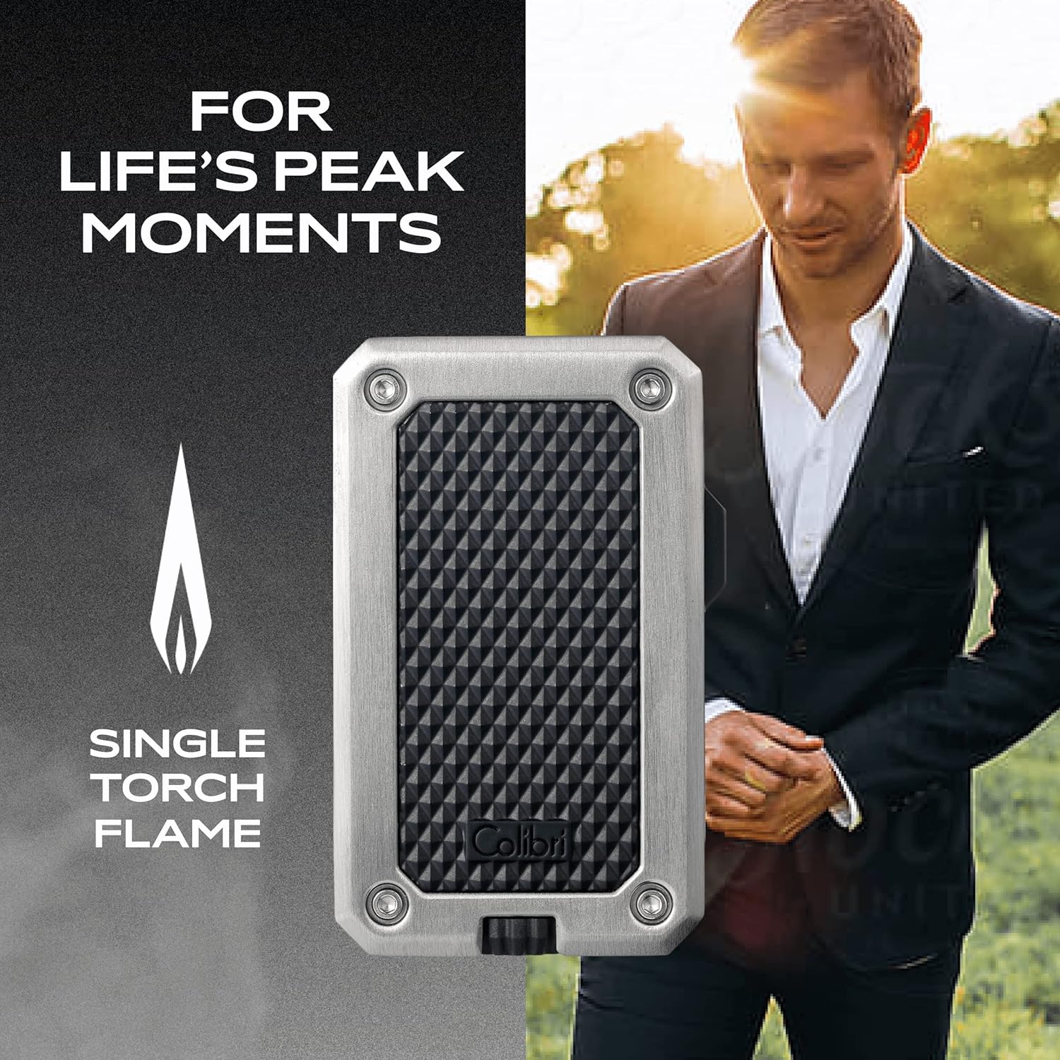 Colibri Rally Single Jet Flame Butane Lighter, Windproof & Refillable, Cigar Enthusiast's Choice with Blue Fuel Window and Adjustable Flame (Polished Chrome-Black)